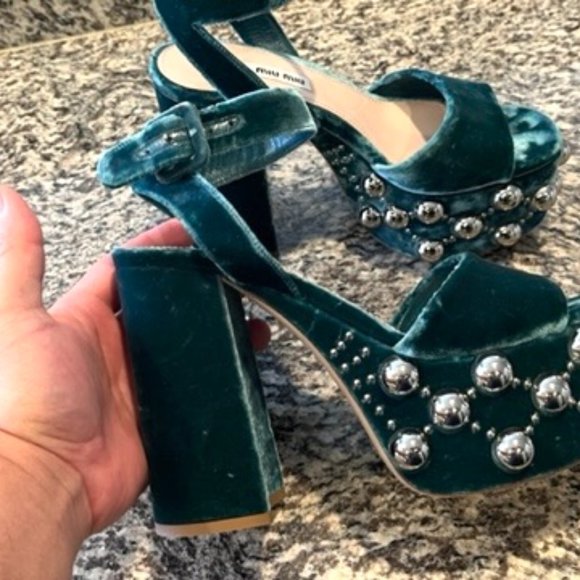 $995 MIU MIU PRADA JEWEL TONE STUDDED PLATFORM MARY JANE HEELS 38 8 - Picture 11 of 12